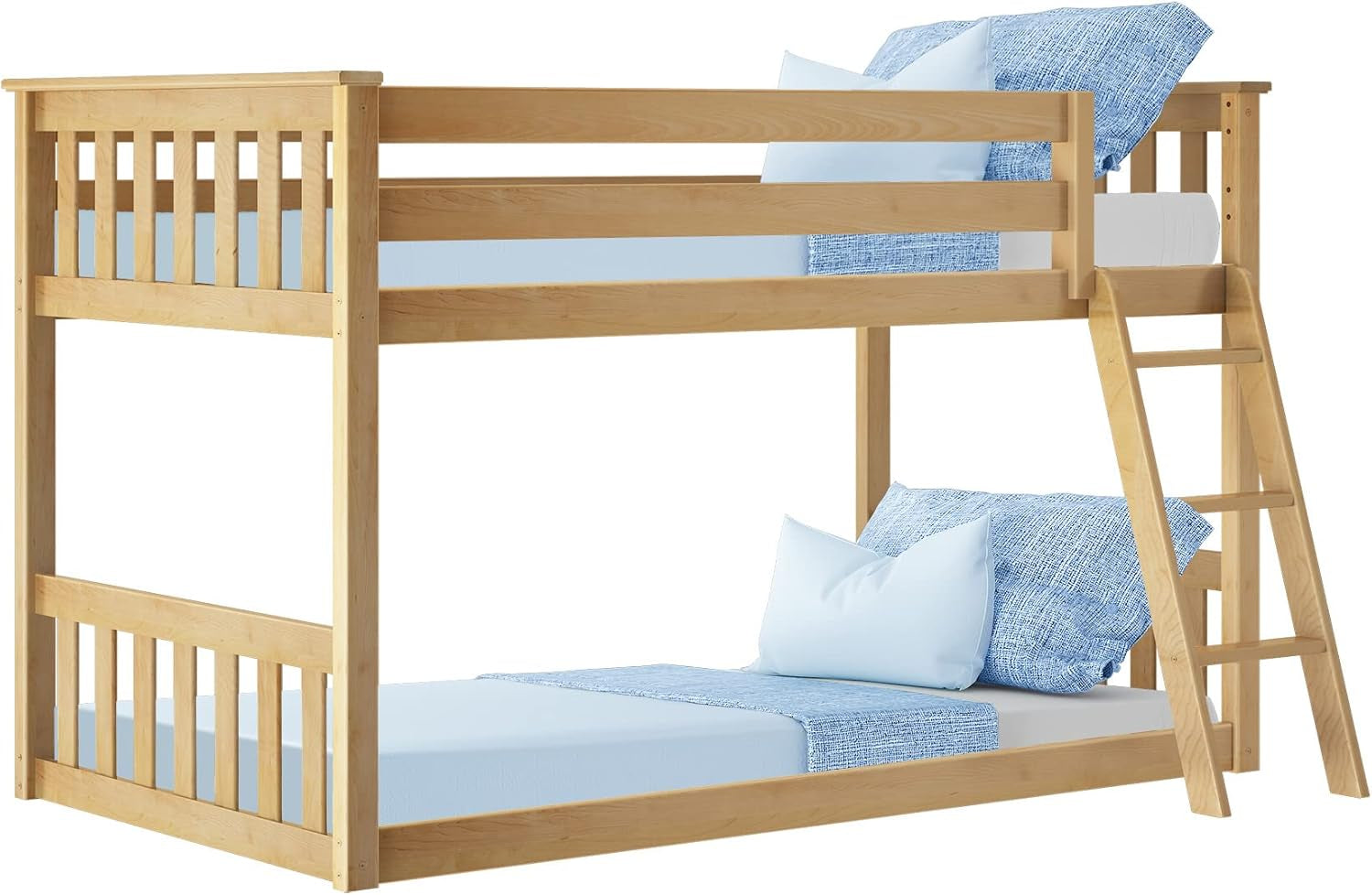 Max & Lily Twin over Twin Low Bunk Bed with Ladder, Wooden Bunk Beds with 14” Safety Guardrail for Kids,Toddlers, Boys, Girls, Teens, Bedroom Furniture, Natural