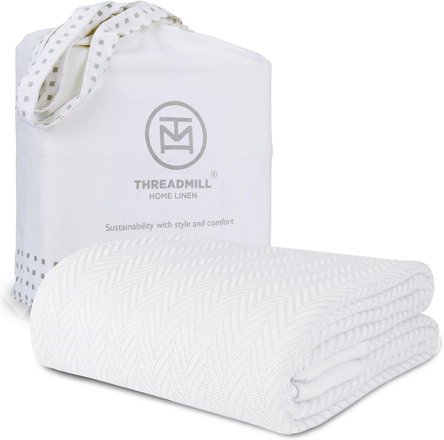Luxury Cotton Blankets for Twin Size Bed | All-Season 100% Cotton Twin Blanket for Bed | Herringbone Soft & Cozy Fall Thermal Blanket, 350GSM, 68X92 Inches | White