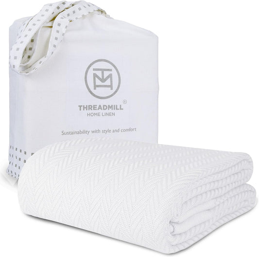 Luxury Cotton Blankets for Twin Size Bed | All-Season 100% Cotton Twin Blanket for Bed | Herringbone Soft & Cozy Fall Thermal Blanket, 350GSM, 68X92 Inches | White
