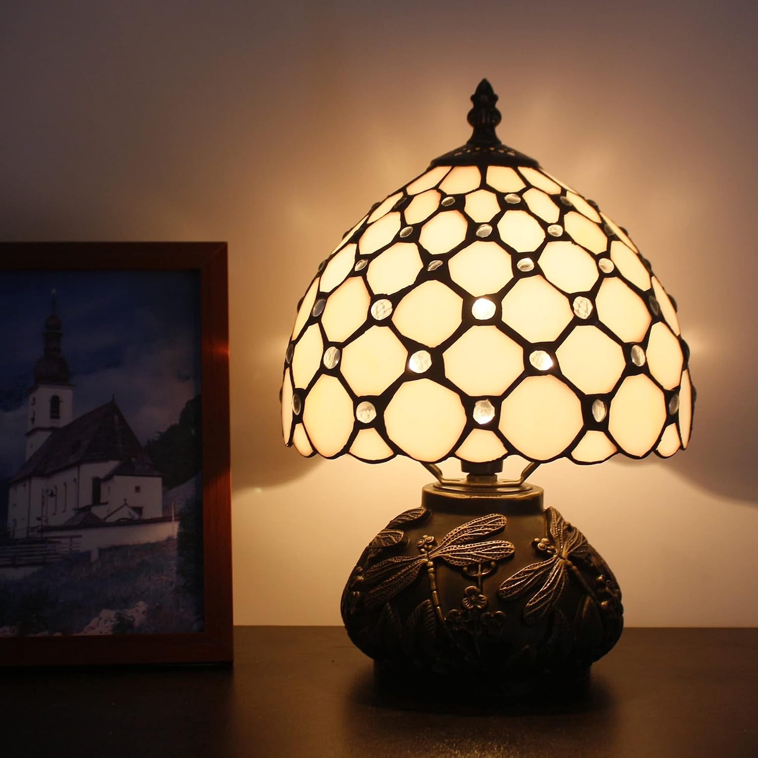Small Tiffany Lamp Mini Stained Glass Table Lamp Cream Pearl Beads Style Mushroom Desk Light Memory Sympathy Lamp 8X11 Inch