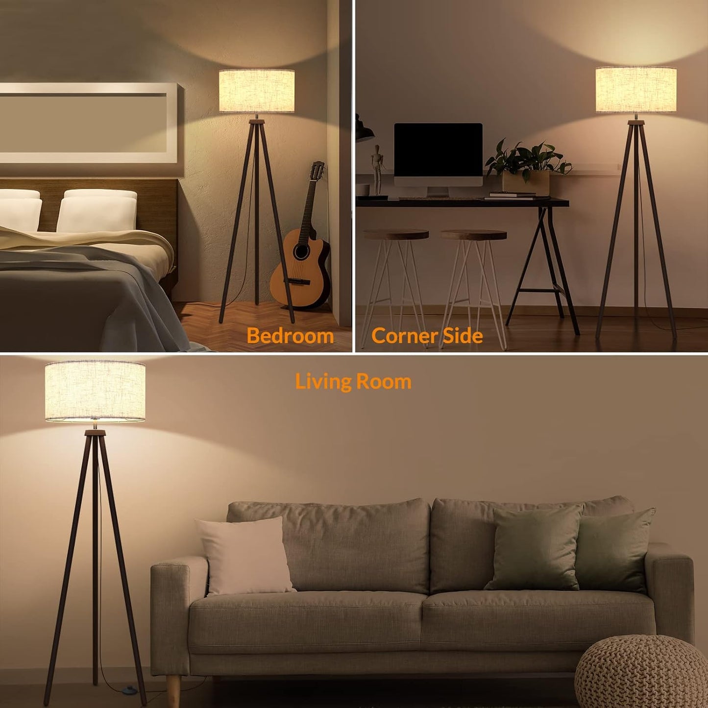 Wood Tripod Floor Lamp, Mid Century Standing Lamp for Living Room, Flaxen Lamp Shade, Modern Design Lamp with E26 Lamp Base, Tall Floor Lamp for Bedroom, Study and Office Walnut