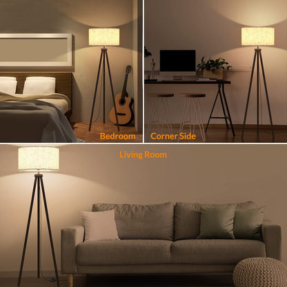 Wood Tripod Floor Lamp, Mid Century Standing Lamp for Living Room, Flaxen Lamp Shade, Modern Design Lamp with E26 Lamp Base, Tall Floor Lamp for Bedroom, Study and Office Walnut