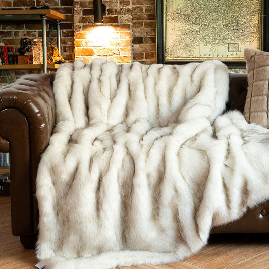 Luxury White Faux Fur Throw Blanket Long Pile with Black Tips, 51"X67", Super Warm Thick Faux Fur Blanket for Couch, Bed, Fuzzy Fluffy Elegant Cozy Blanket