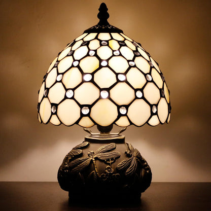 Small Tiffany Lamp Mini Stained Glass Table Lamp Cream Pearl Beads Style Mushroom Desk Light Memory Sympathy Lamp 8X11 Inch