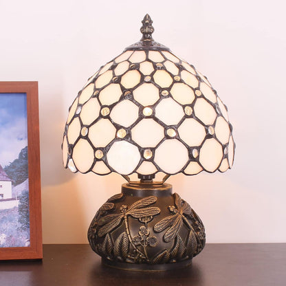 Small Tiffany Lamp Mini Stained Glass Table Lamp Cream Pearl Beads Style Mushroom Desk Light Memory Sympathy Lamp 8X11 Inch