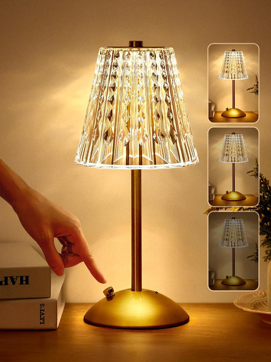 Crystal Cordless Lamp, Dimmable+3 Colors Rechargeable Lamp, Touch+2000Mah Battery Operated Vintage Ambient Light for Kitchen/Bedroom/Bathroom Shower, College Gifts, Mothers Day Gifts for Wife Daughter