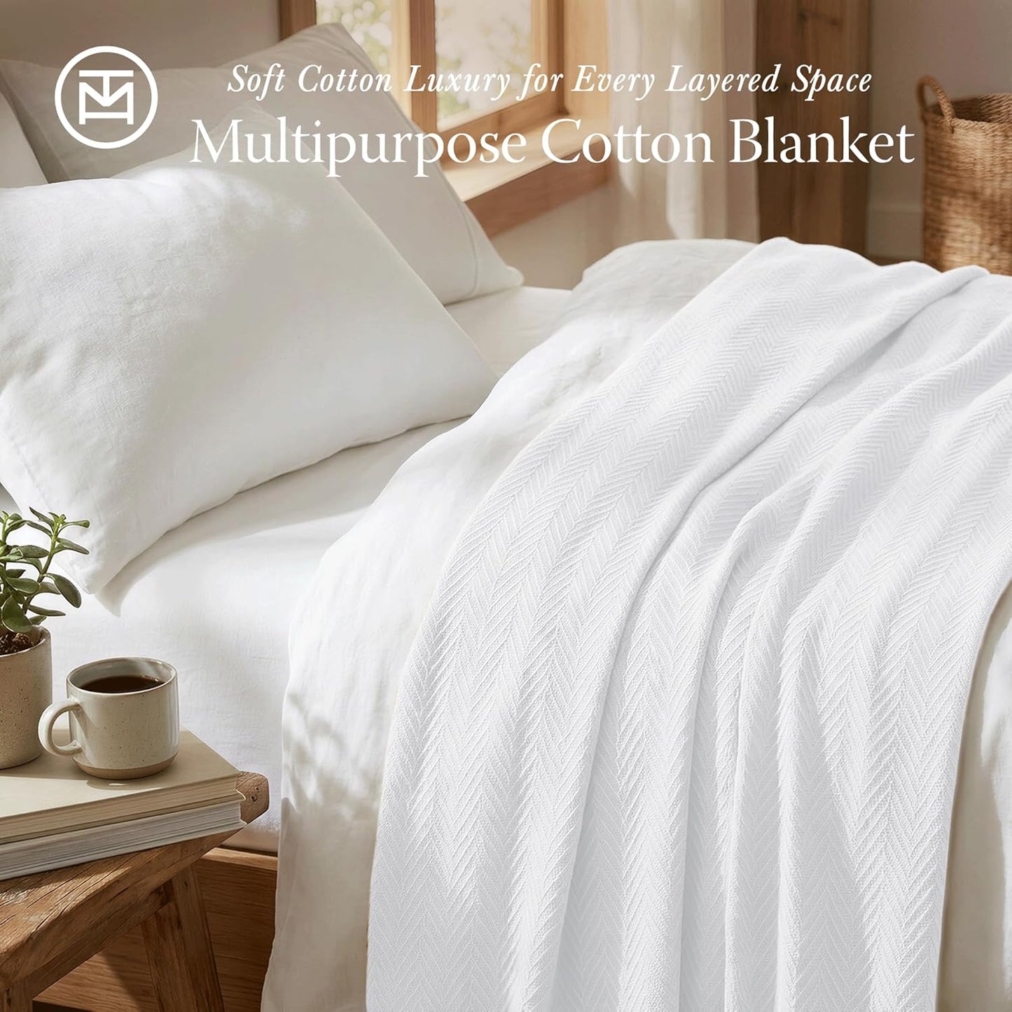 Luxury Cotton Blankets for Twin Size Bed | All-Season 100% Cotton Twin Blanket for Bed | Herringbone Soft & Cozy Fall Thermal Blanket, 350GSM, 68X92 Inches | White
