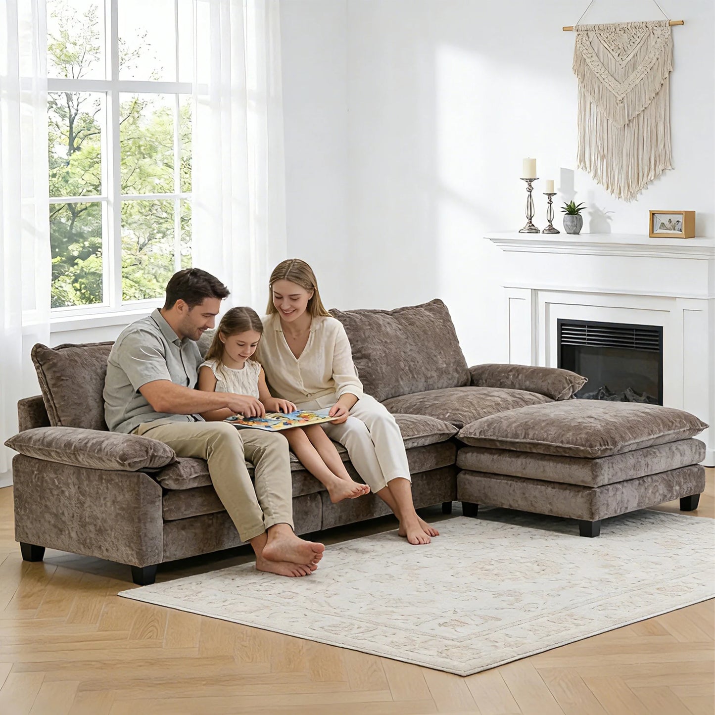120" W Sectional Sofa L Shaped Couch with Chaise Living Room Sleeper Set, 3 Seats with Chenille and Double Layer Cushions Beige