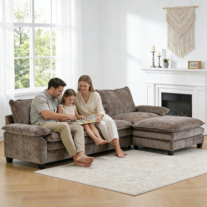 120" W Sectional Sofa L Shaped Couch with Chaise Living Room Sleeper Set, 3 Seats with Chenille and Double Layer Cushions Beige