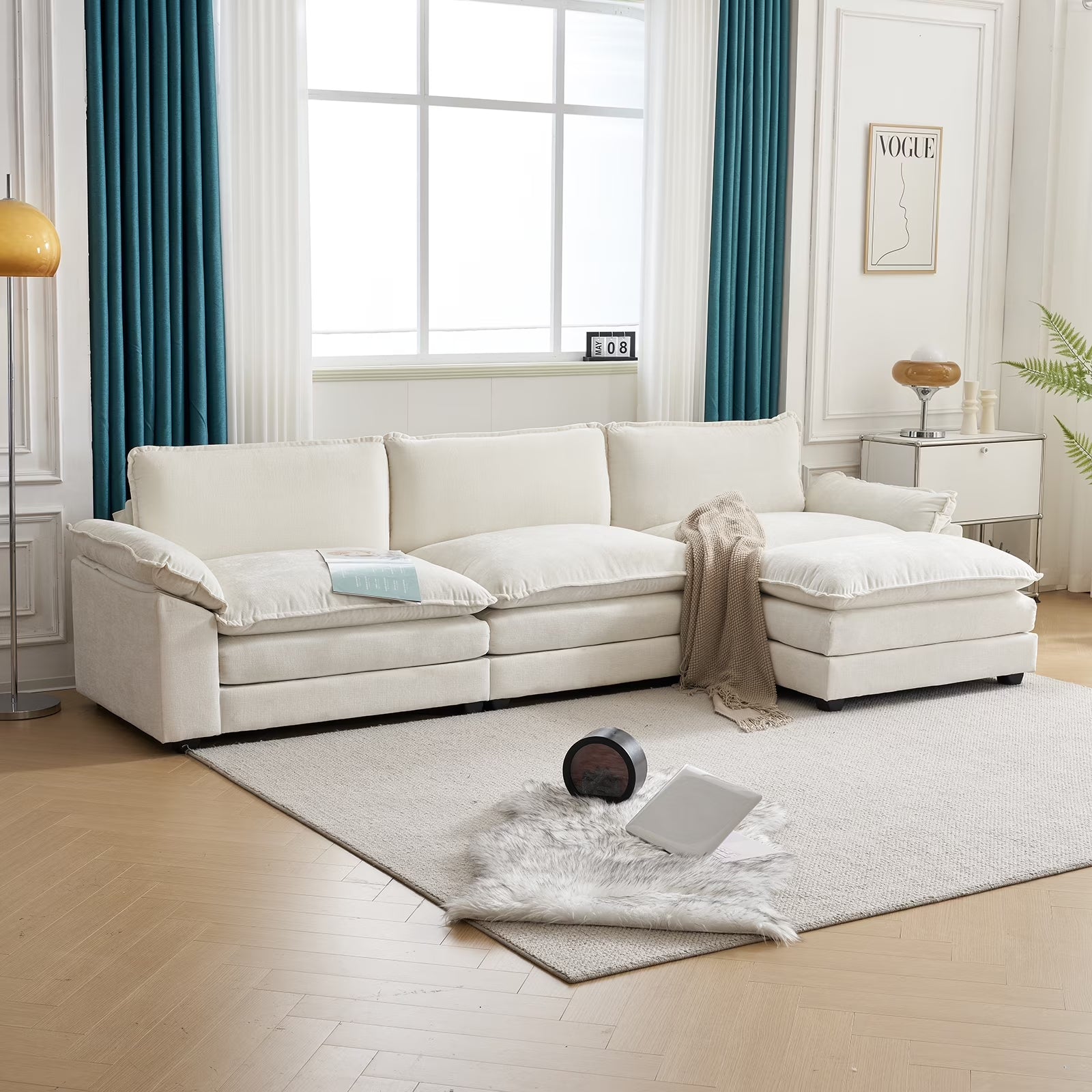 120" W Sectional Sofa L Shaped Couch with Chaise Living Room Sleeper Set, 3 Seats with Chenille and Double Layer Cushions Beige