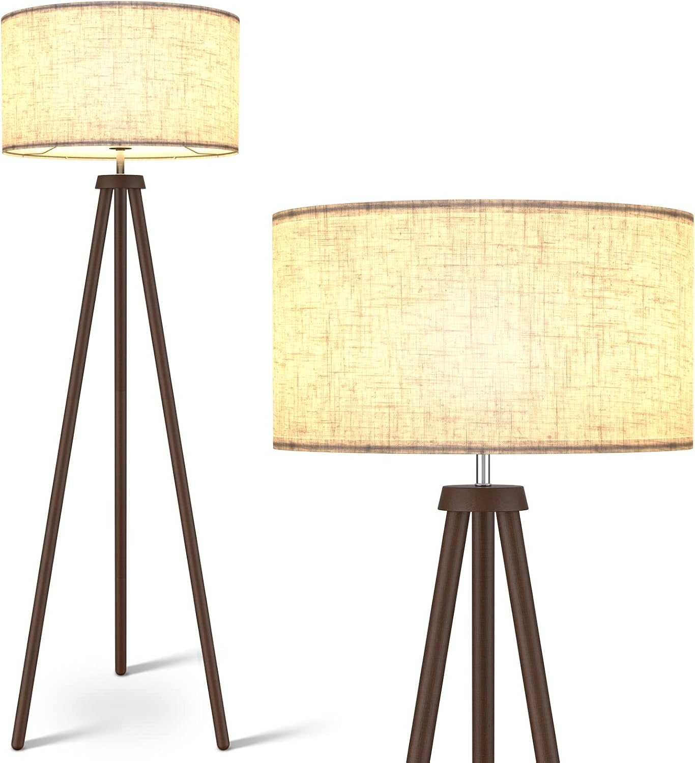 Wood Tripod Floor Lamp, Mid Century Standing Lamp for Living Room, Flaxen Lamp Shade, Modern Design Lamp with E26 Lamp Base, Tall Floor Lamp for Bedroom, Study and Office Walnut