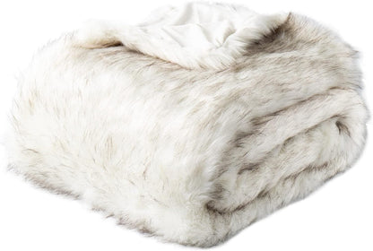 Luxury White Faux Fur Throw Blanket Long Pile with Black Tips, 51"X67", Super Warm Thick Faux Fur Blanket for Couch, Bed, Fuzzy Fluffy Elegant Cozy Blanket