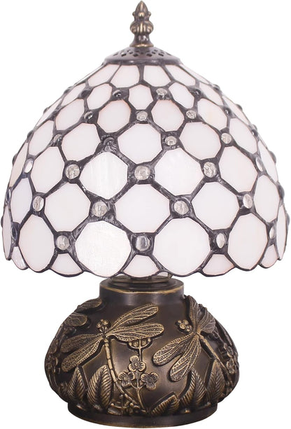 Small Tiffany Lamp Mini Stained Glass Table Lamp Cream Pearl Beads Style Mushroom Desk Light Memory Sympathy Lamp 8X11 Inch
