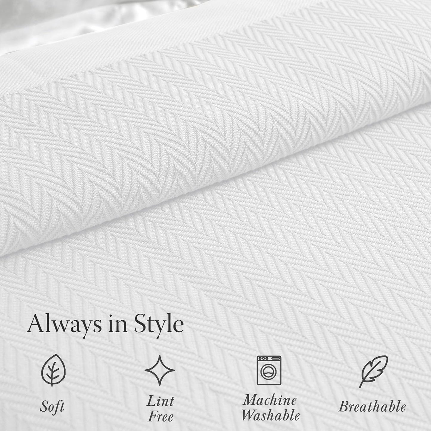 Luxury Cotton Blankets for Twin Size Bed | All-Season 100% Cotton Twin Blanket for Bed | Herringbone Soft & Cozy Fall Thermal Blanket, 350GSM, 68X92 Inches | White