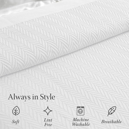 Luxury Cotton Blankets for Twin Size Bed | All-Season 100% Cotton Twin Blanket for Bed | Herringbone Soft & Cozy Fall Thermal Blanket, 350GSM, 68X92 Inches | White